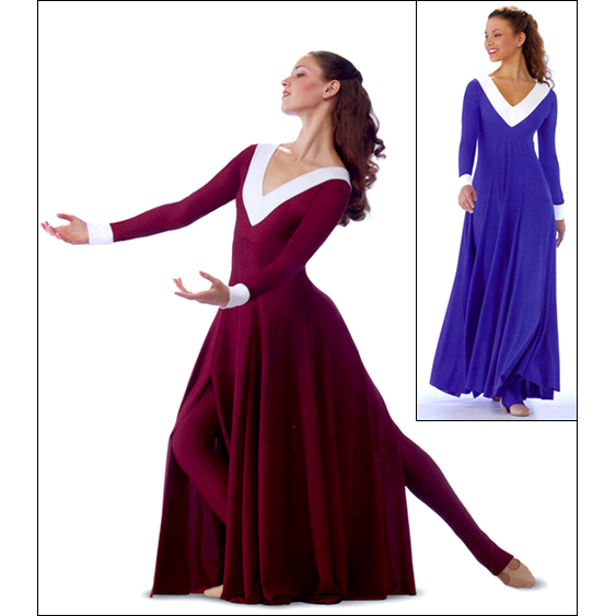 Matte Lycra Unitard Dance Dress Style #: OSU-0203. Matte lycra unitard dance dress long sleeve, white lycra "V" yoke collar and cuffs, inset four gore open panel circle skirt, stirrup unitard. 

<li> Non-stock item. Allow two weeks for shipping. If unable to wait two weeks please call to check availablity.<br>
<li> Can also be made in other color combinations. Call to enquire about other fabric and color availabilties. Additional charges my apply.<br>